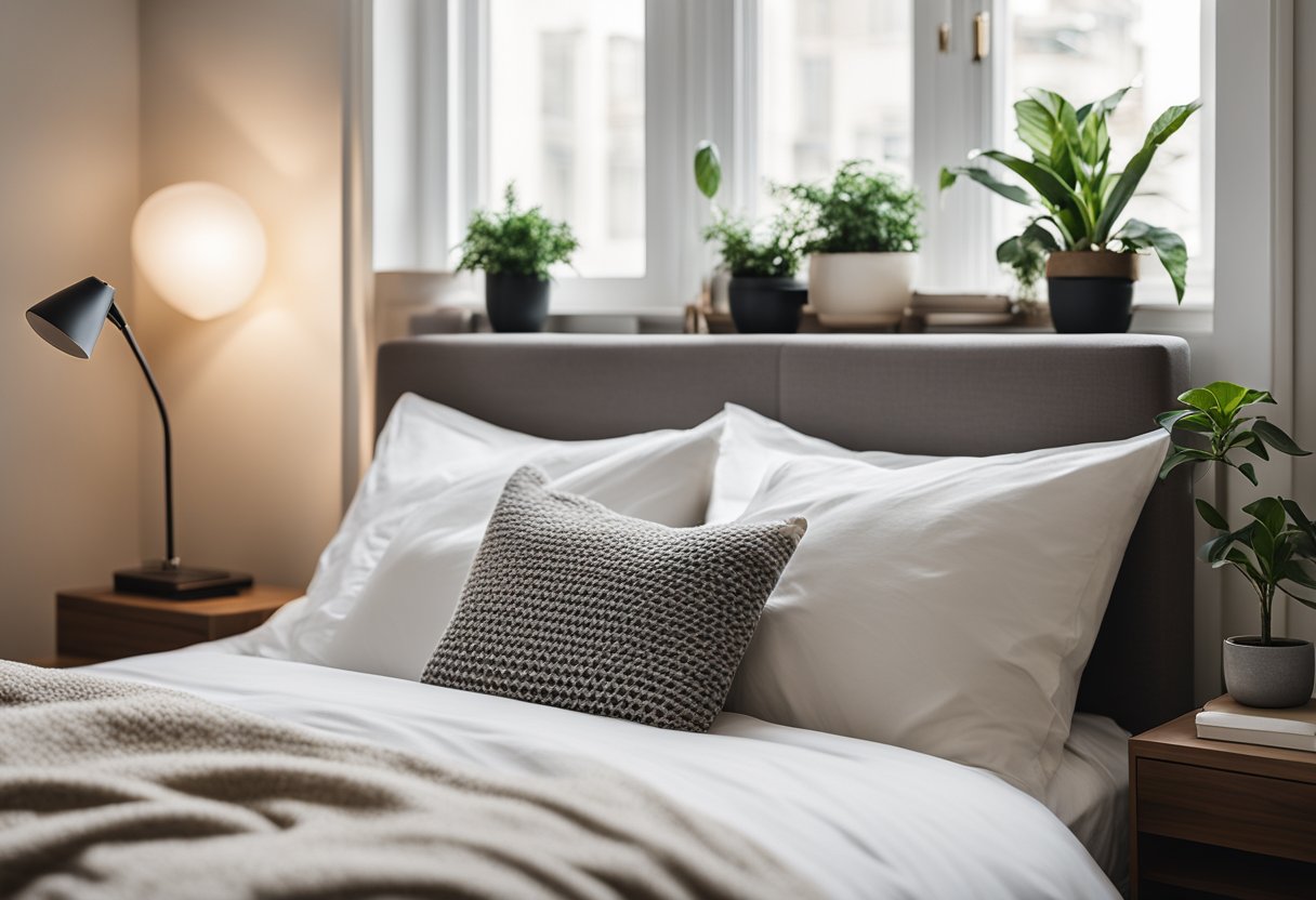A cozy bedroom with a large, plush bed, soft, neutral-colored bedding, and a stylish, modern nightstand with a lamp. A large window lets in natural light, and there are potted plants and artwork on the walls