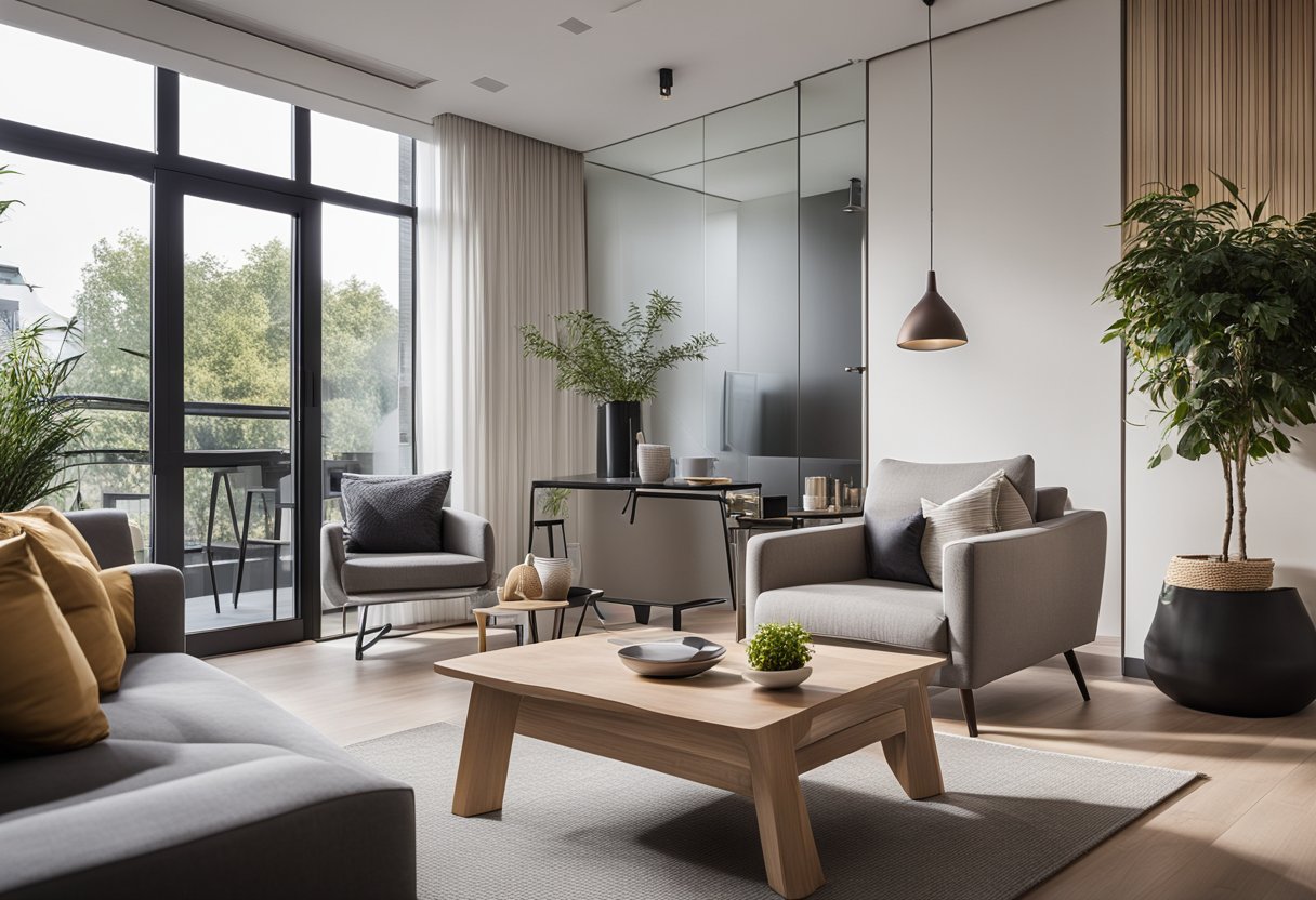 A cozy one-bedroom condo with modern furniture and a minimalist design. A small dining area and a comfortable living space with ample natural light