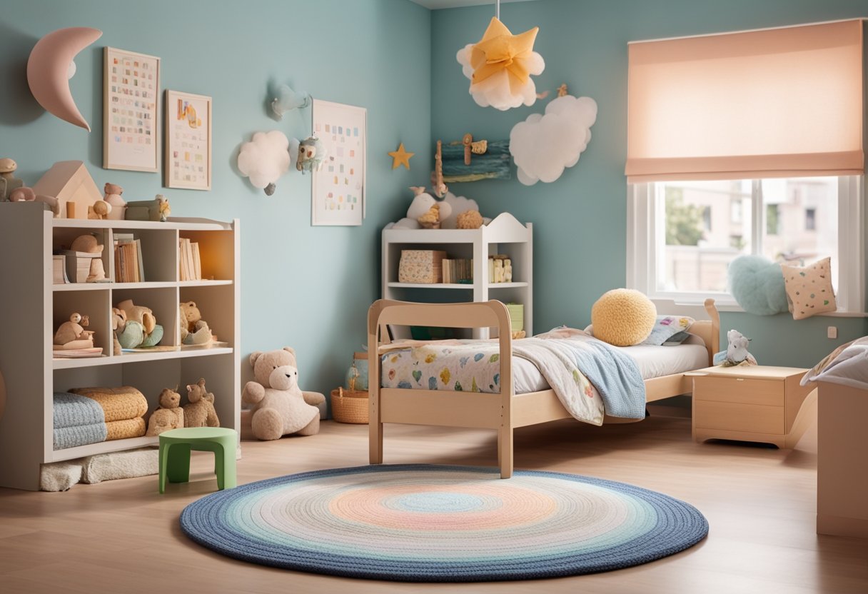 A cozy toddler bedroom with pastel-colored walls, a colorful alphabet rug, a small wooden bed with a soft patterned comforter, and a bookshelf filled with children's books and toys