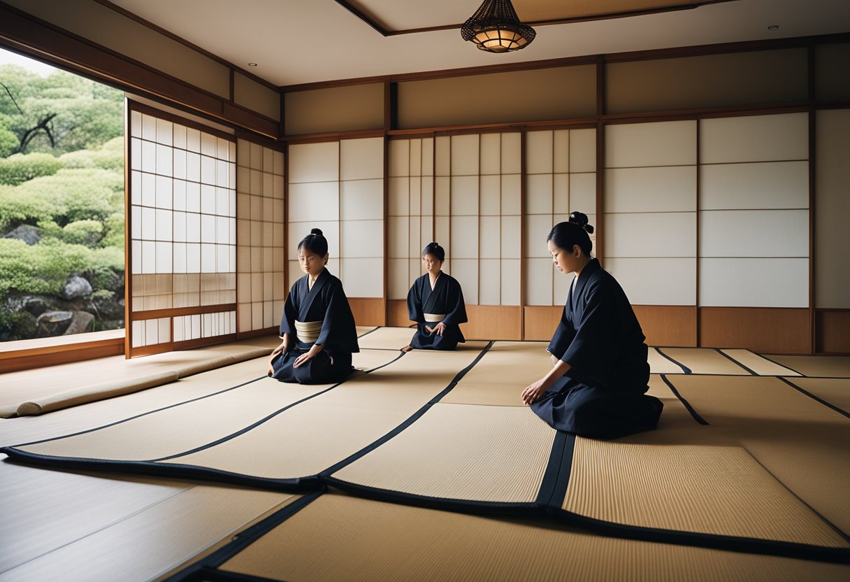 Japanese interior designers arranging traditional tatami mats and sliding shoji screens in a serene, minimalist room with natural elements and clean lines