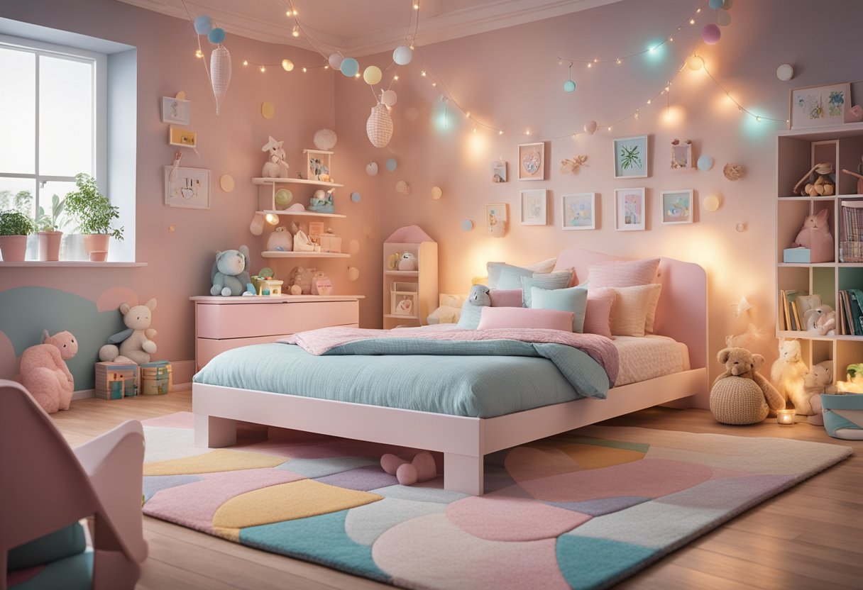 A cozy, pastel-colored room with a playful theme. A low bed with safety rails, a colorful rug, and storage bins for toys and books. Fun wall decals and a soft, glowing night light complete the whimsical design