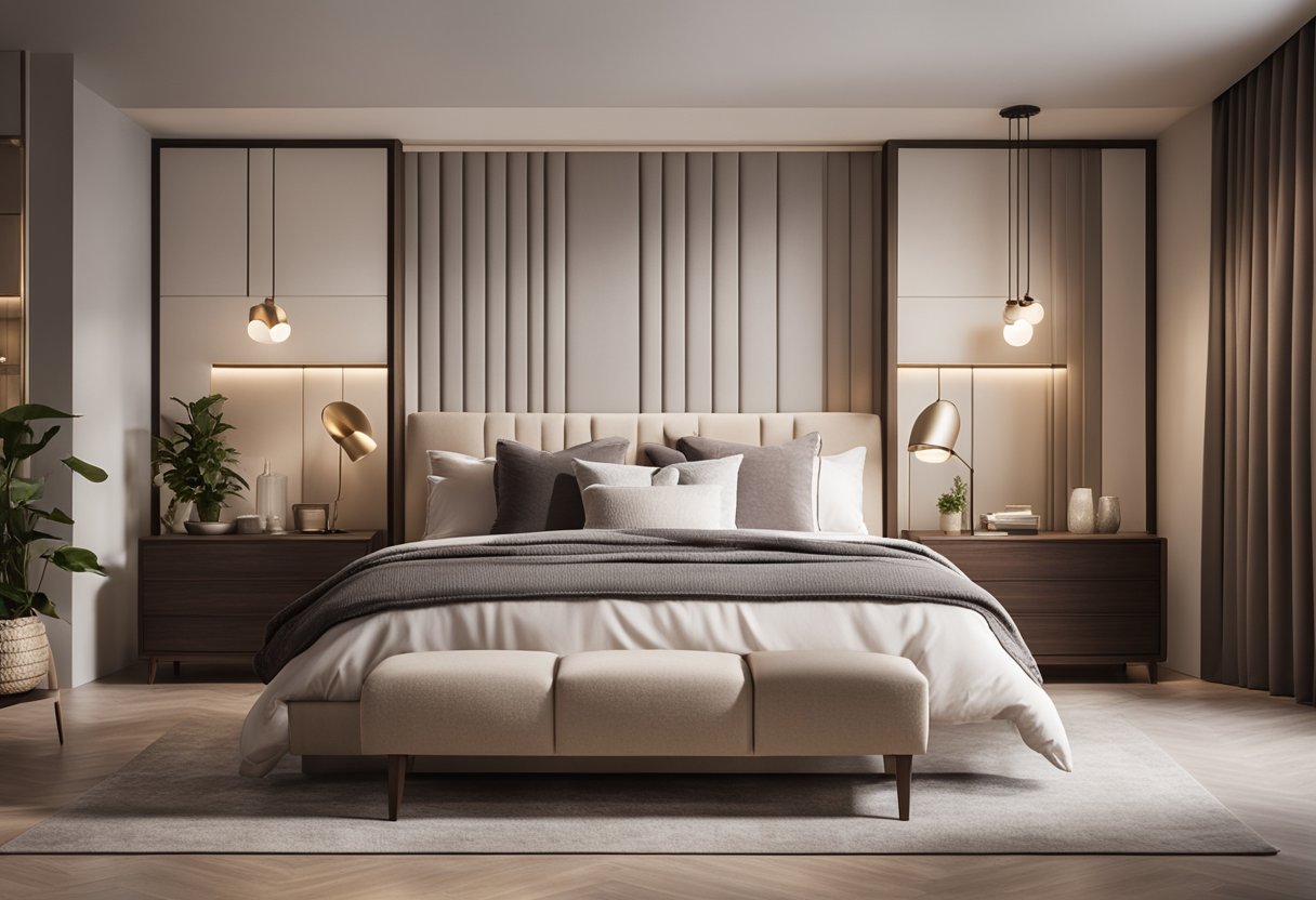 A cozy bedroom with modern furniture, soft lighting, and a neutral color palette. A large bed with plush bedding sits against a feature wall with a statement headboard