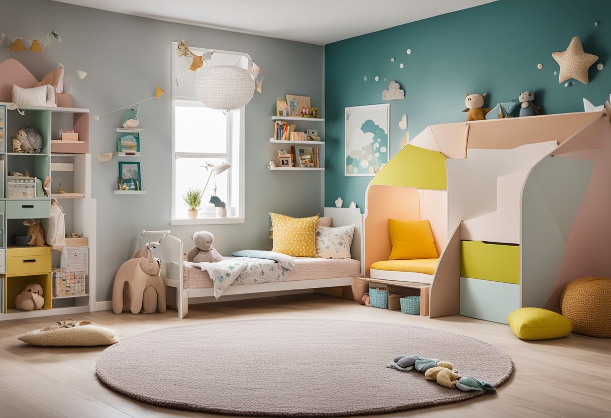 The toddler's room is adorned with whimsical details: a colorful rug, playful wall decals, and a cozy reading nook with fluffy pillows