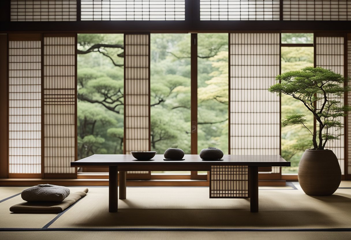 A serene Japanese interior with minimalistic furniture, sliding shoji screens, and a peaceful rock garden. The space exudes harmony, simplicity, and a deep connection to nature