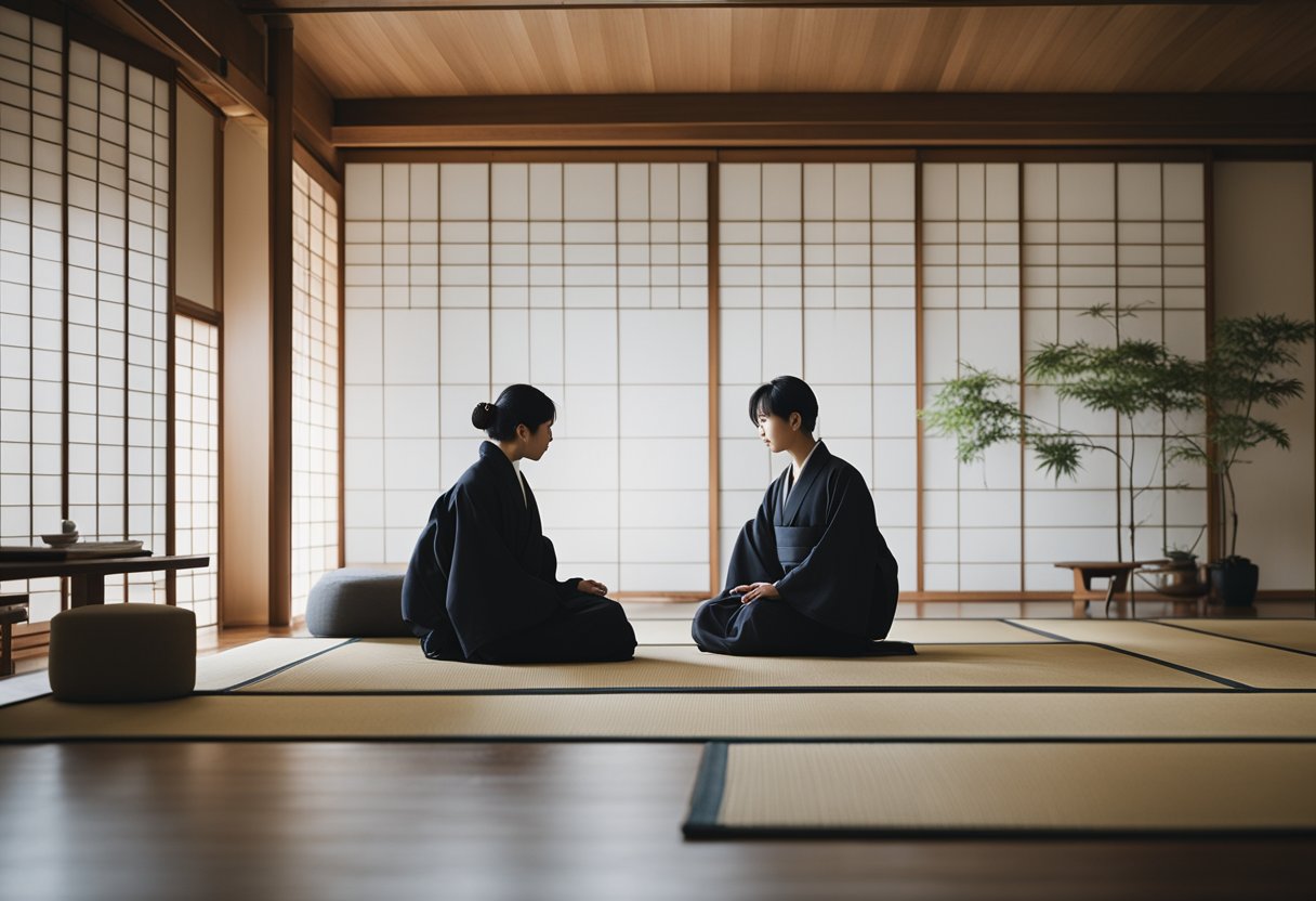 Japanese interior designers at work, surrounded by traditional tatami mats, sliding doors, and minimalist furniture. A serene atmosphere with natural elements and neutral colors