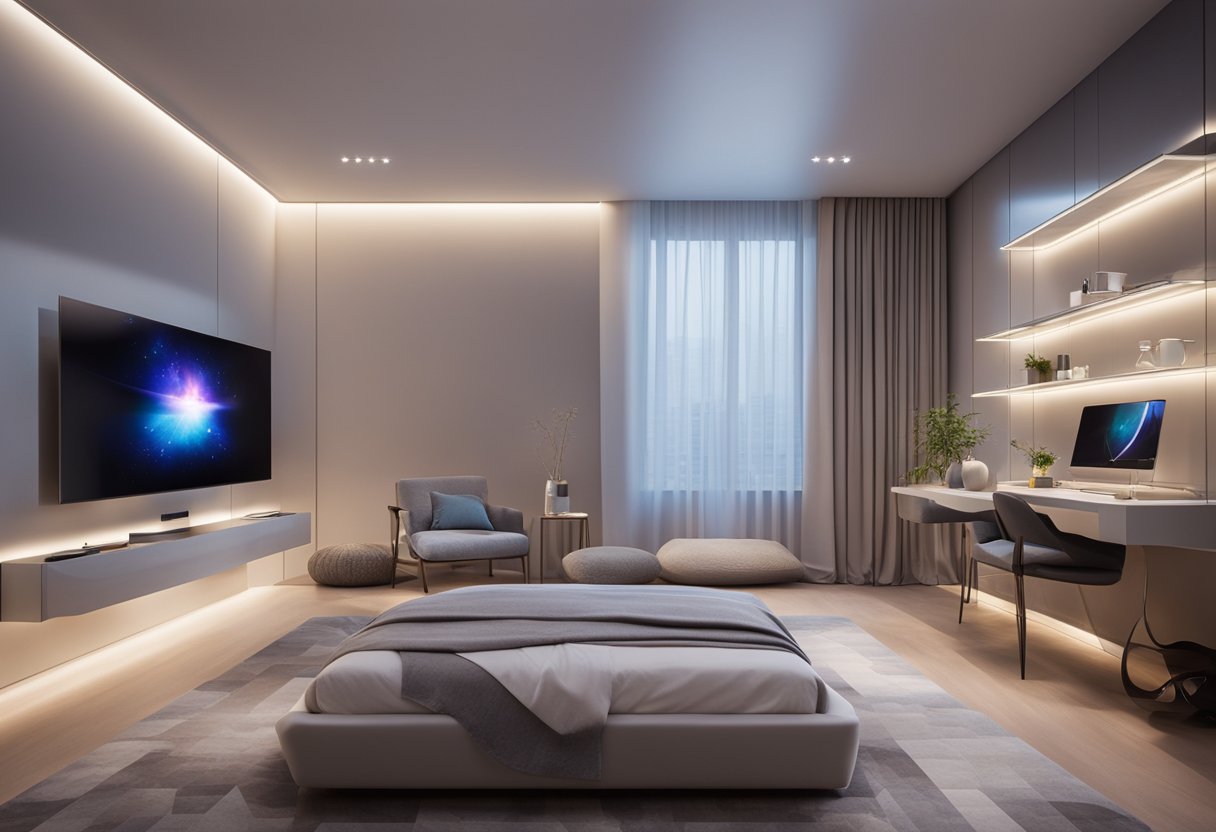 A sleek, minimalist bedroom with LED accent lighting, holographic display panels, and floating furniture