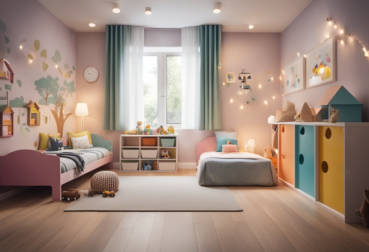A colorful, organized toddler bedroom with a cozy bed, playful wall decals, and child-sized furniture. Bright lighting and soft textures create a welcoming space for play and rest