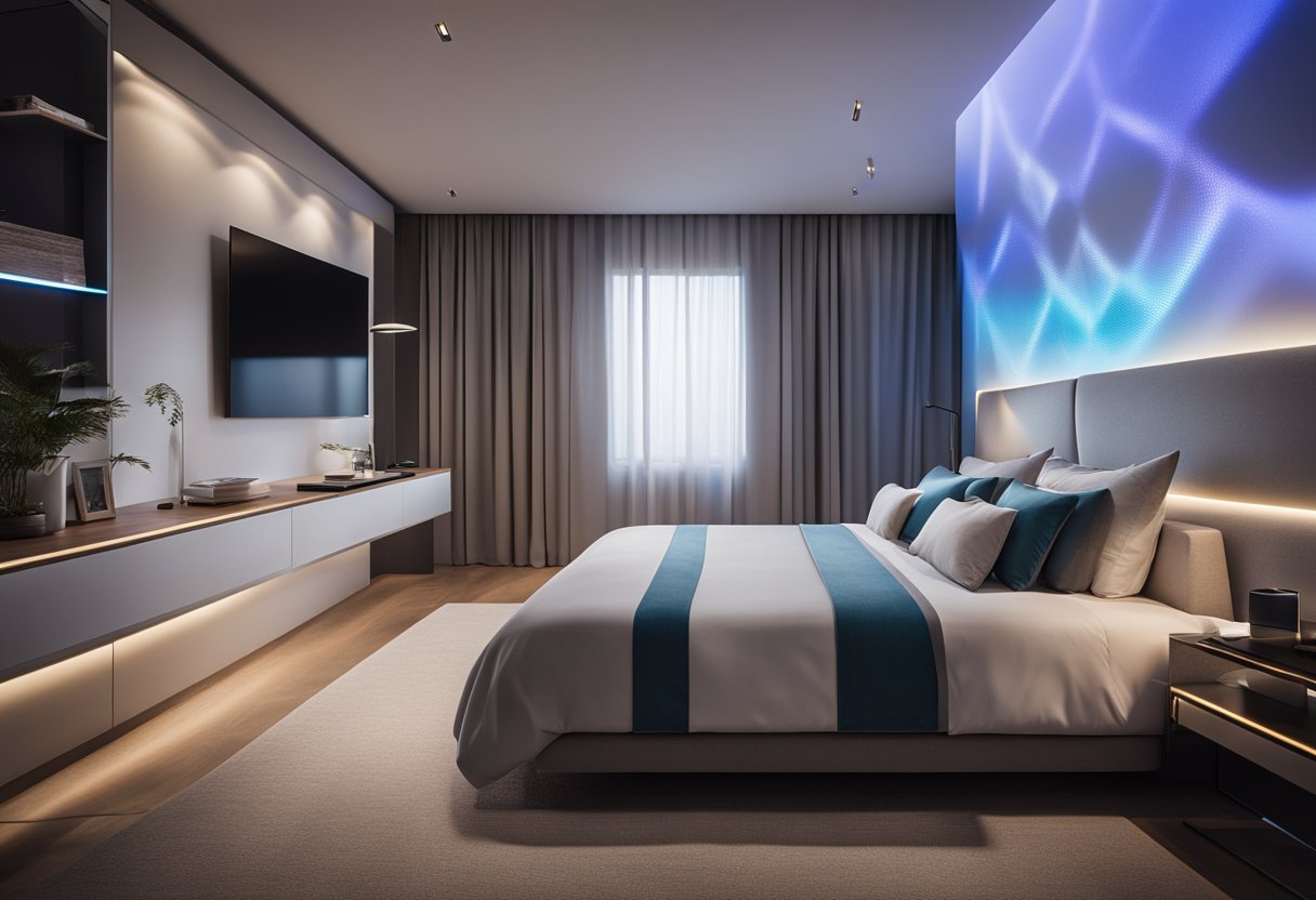 A sleek, minimalist bedroom with LED accent lighting, smart technology integrated furniture, and holographic display panels