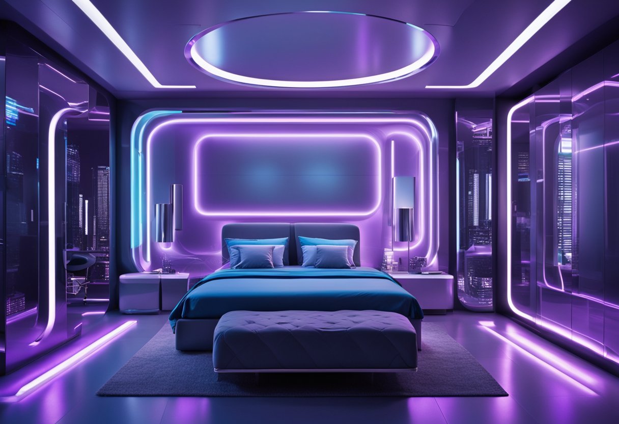 The futuristic bedroom features sleek, metallic furniture with neon accents. The color scheme is dominated by cool tones such as silver, blue, and purple, creating a modern and futuristic atmosphere