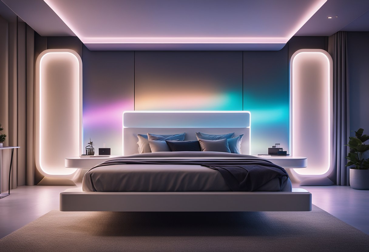 A sleek, minimalist bedroom with floating furniture, holographic displays, and LED accent lighting. Futuristic technology seamlessly integrated into the design