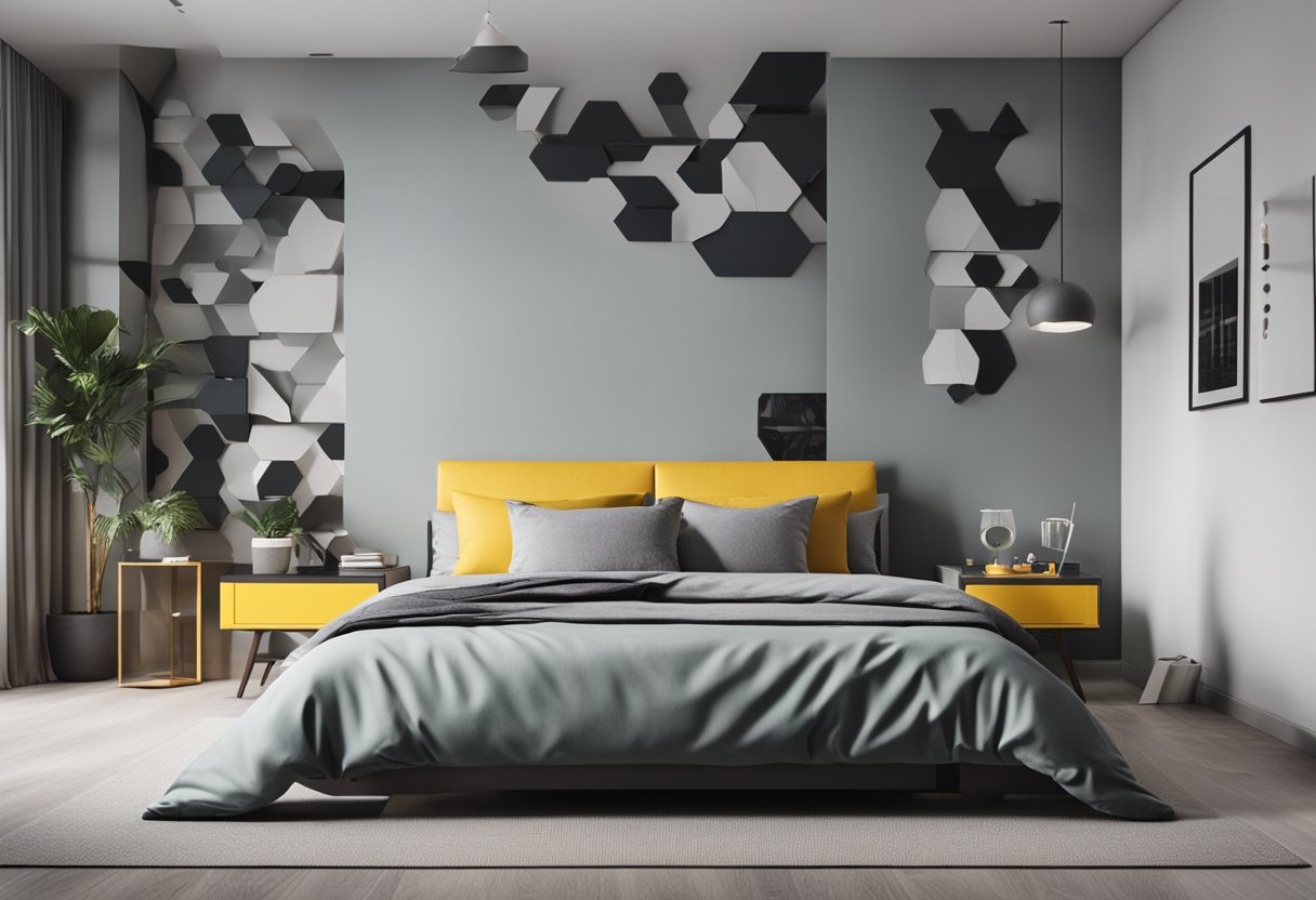 A bedroom with contrasting plus and minus symbols on the walls, a pop of color in the bedding, and minimalist furniture