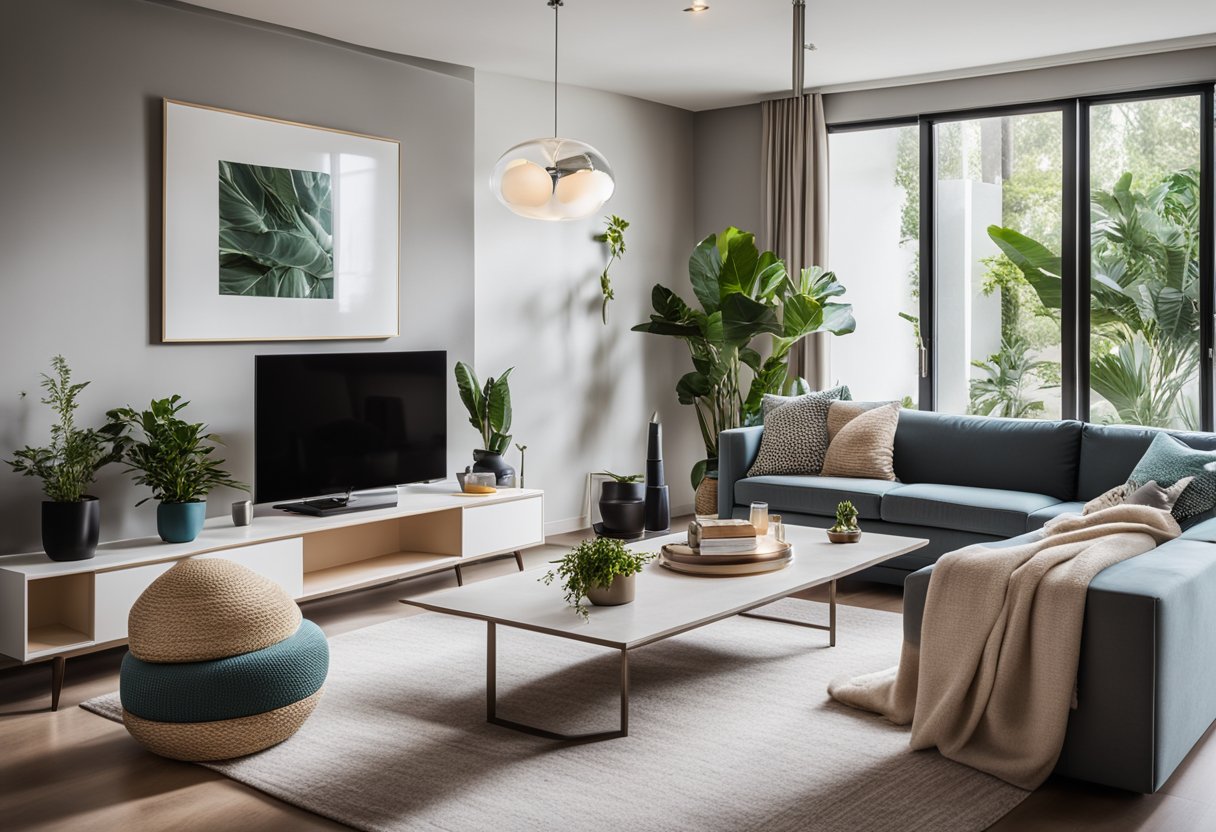 A modern living room with sleek furniture, soft lighting, and vibrant accent colors. Art pieces and plants add a touch of elegance to the space
