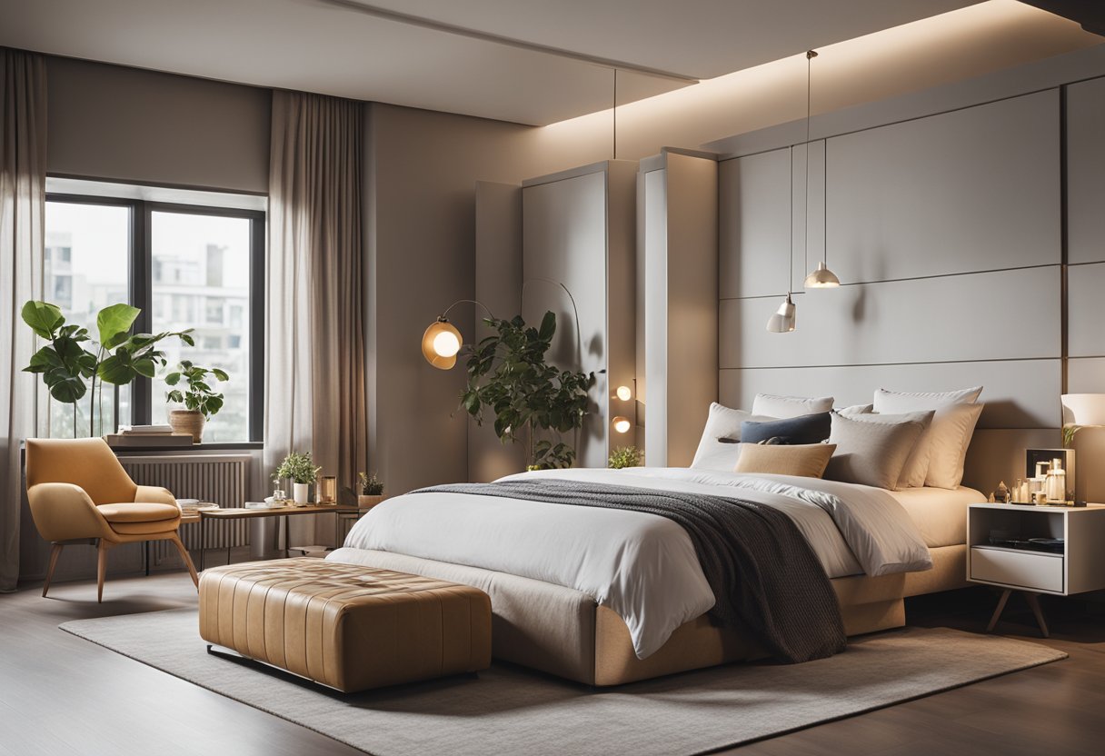 A cozy bedroom with a modern plus minus pop design, featuring clean lines, geometric shapes, and a neutral color palette. The room is well-lit with natural light, and the furniture is sleek and functional