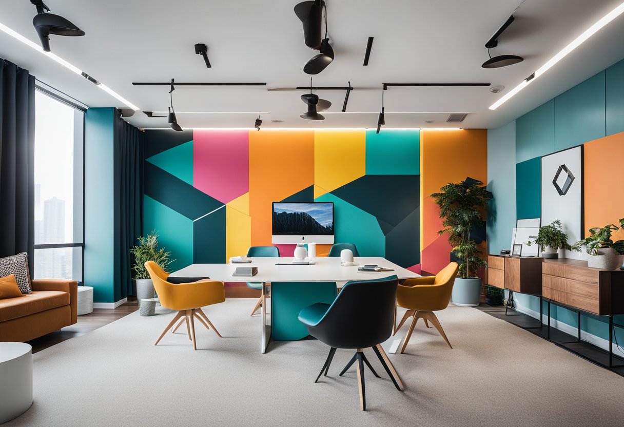 A modern, minimalist office space with sleek furniture, bold geometric patterns, and pops of vibrant color throughout the room