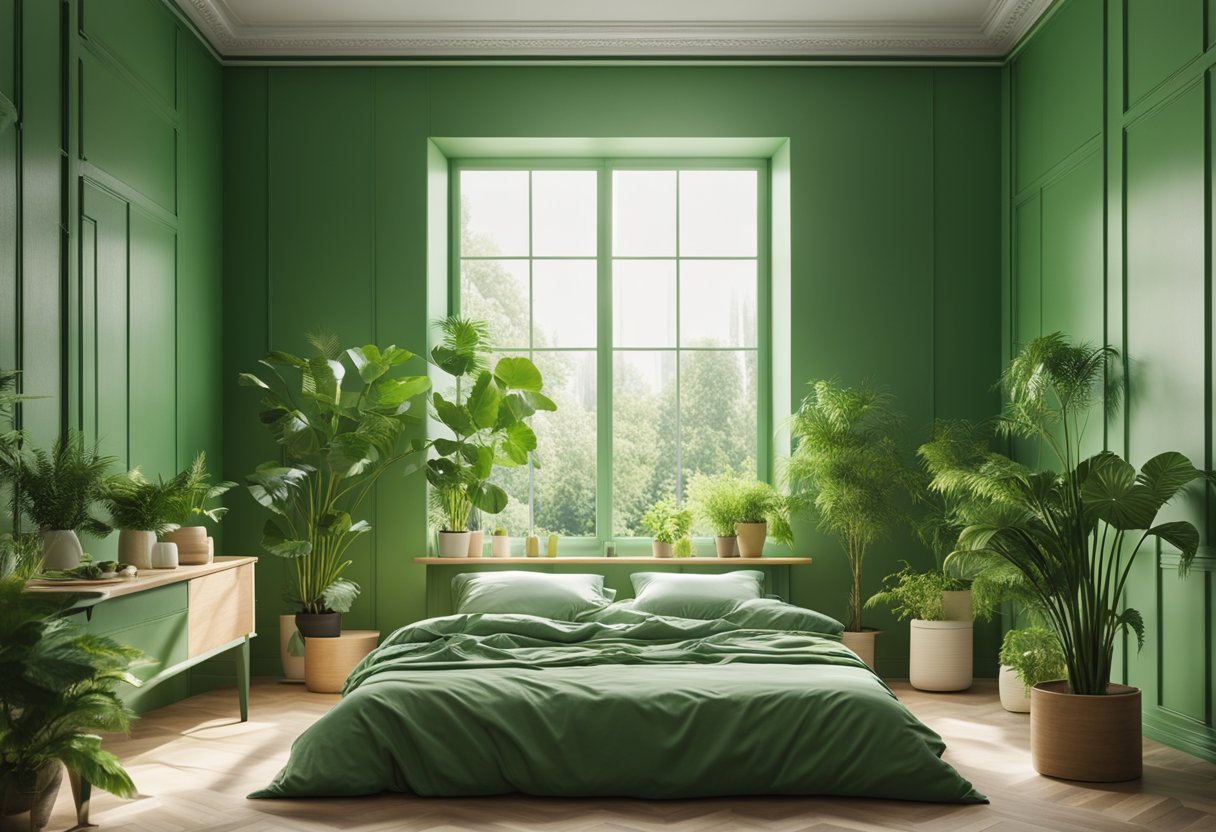 A bright green bedroom with a cozy bed, plants, and natural lighting. The walls are painted a soothing shade of green, and there are green accents throughout the room