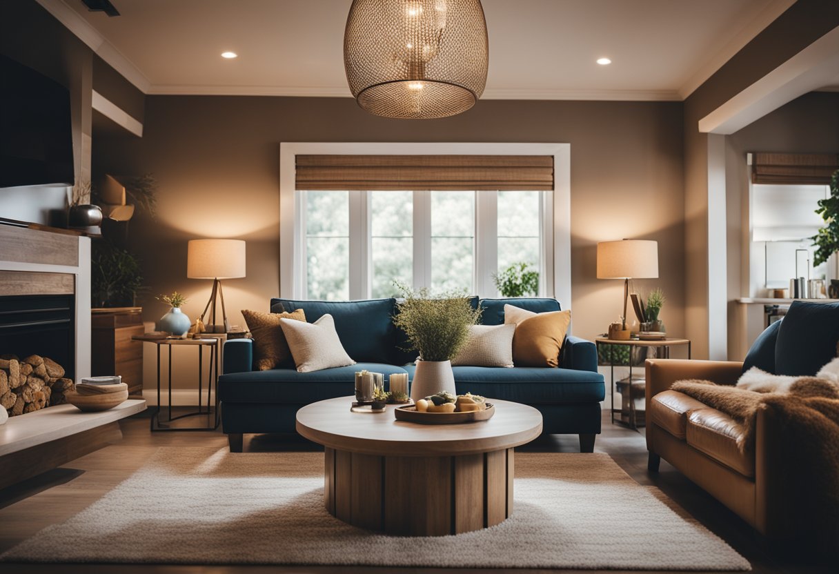 A cozy living room with a warm color palette, comfortable furniture, and soft lighting. A family or friends gathered around, laughing and enjoying each other's company. A sense of warmth and connection fills the room