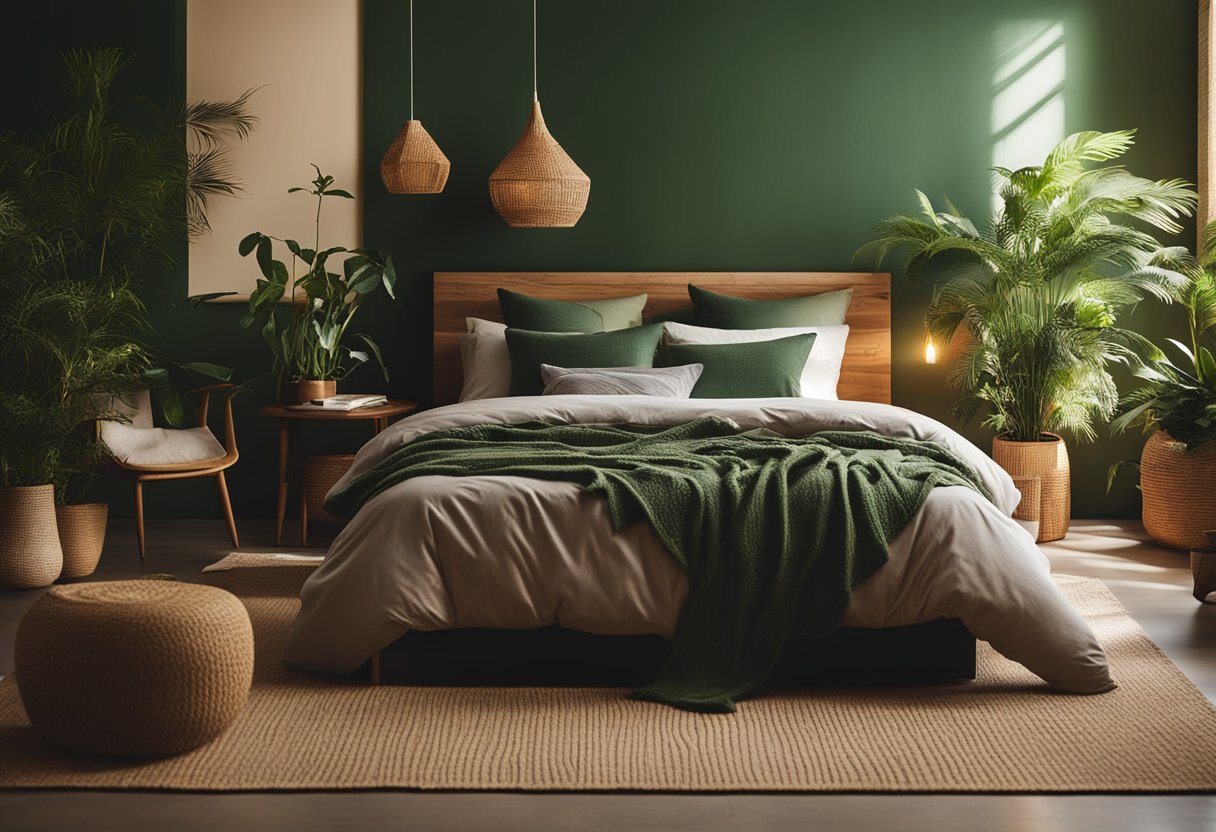 A cozy bedroom with earthy green walls, natural wood furniture, and leafy plants. Soft, eco-friendly textiles and warm lighting complete the serene atmosphere