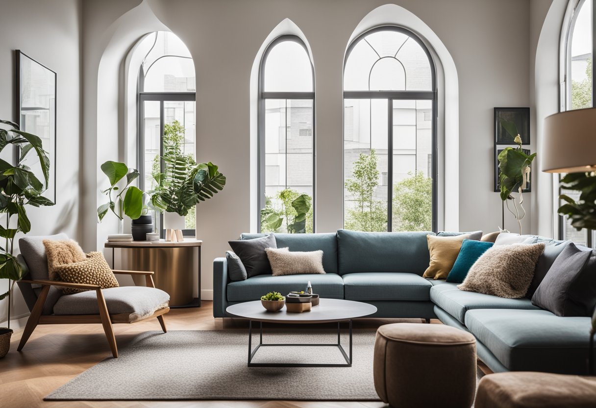 A cozy living room with a modern interior design featuring a comfortable sofa, stylish coffee table, and vibrant wall art. A large window brings in natural light, showcasing the warm and inviting space