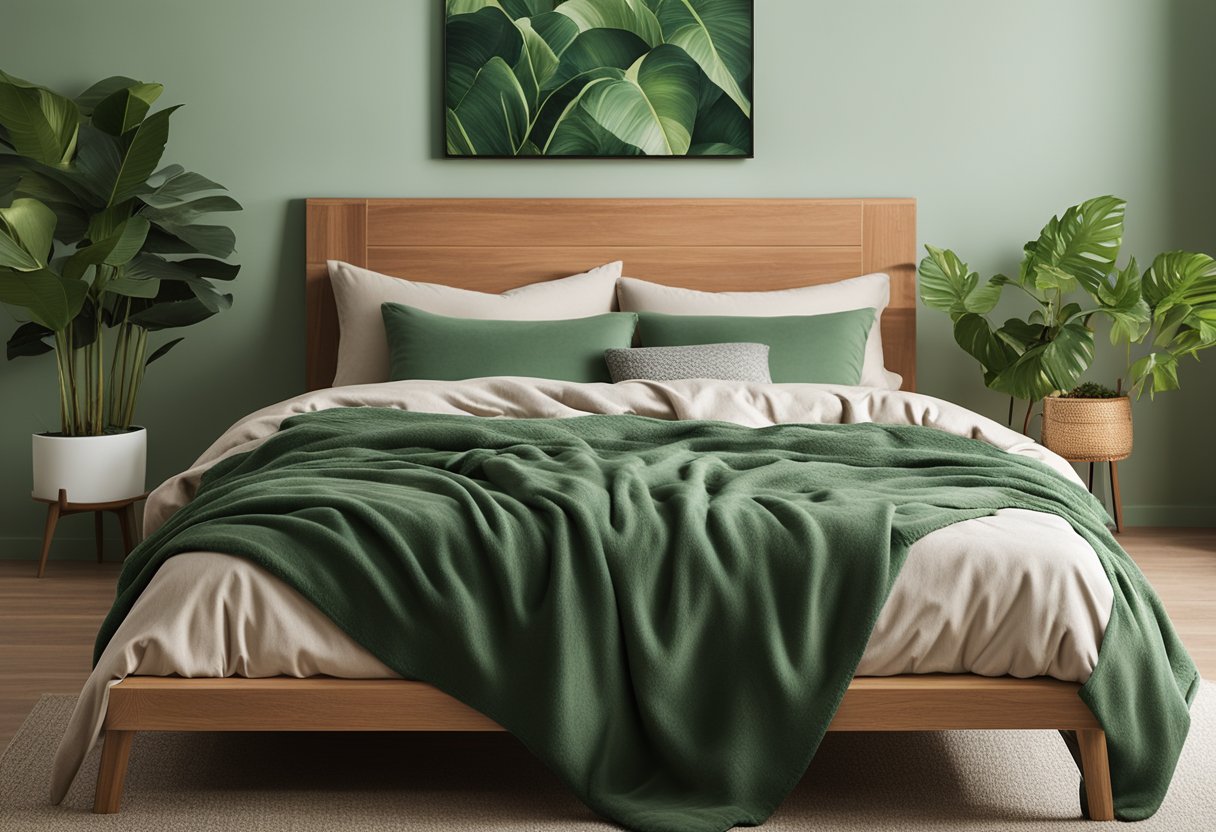 A cozy green bedroom with leafy plant decor, earthy-toned pillows, and a soft green throw blanket on a natural wood bed frame