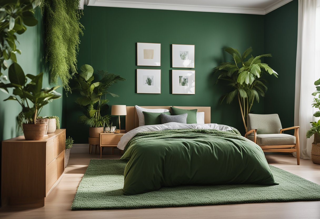 A cozy bedroom with green walls, natural light, and potted plants. A comfortable bed with green bedding and a stylish green rug on the floor