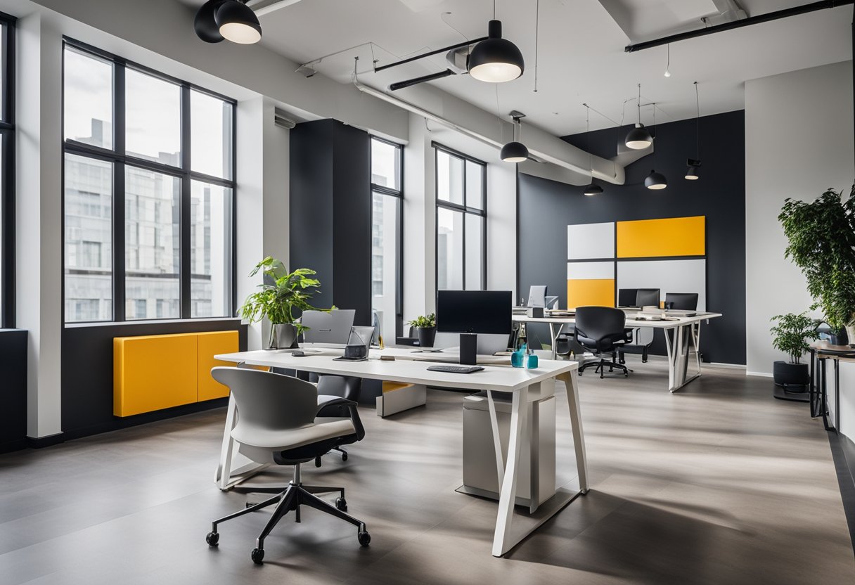 A modern office space with clean lines, minimalistic furniture, and pops of color. A feature wall displays bold typography and geometric shapes