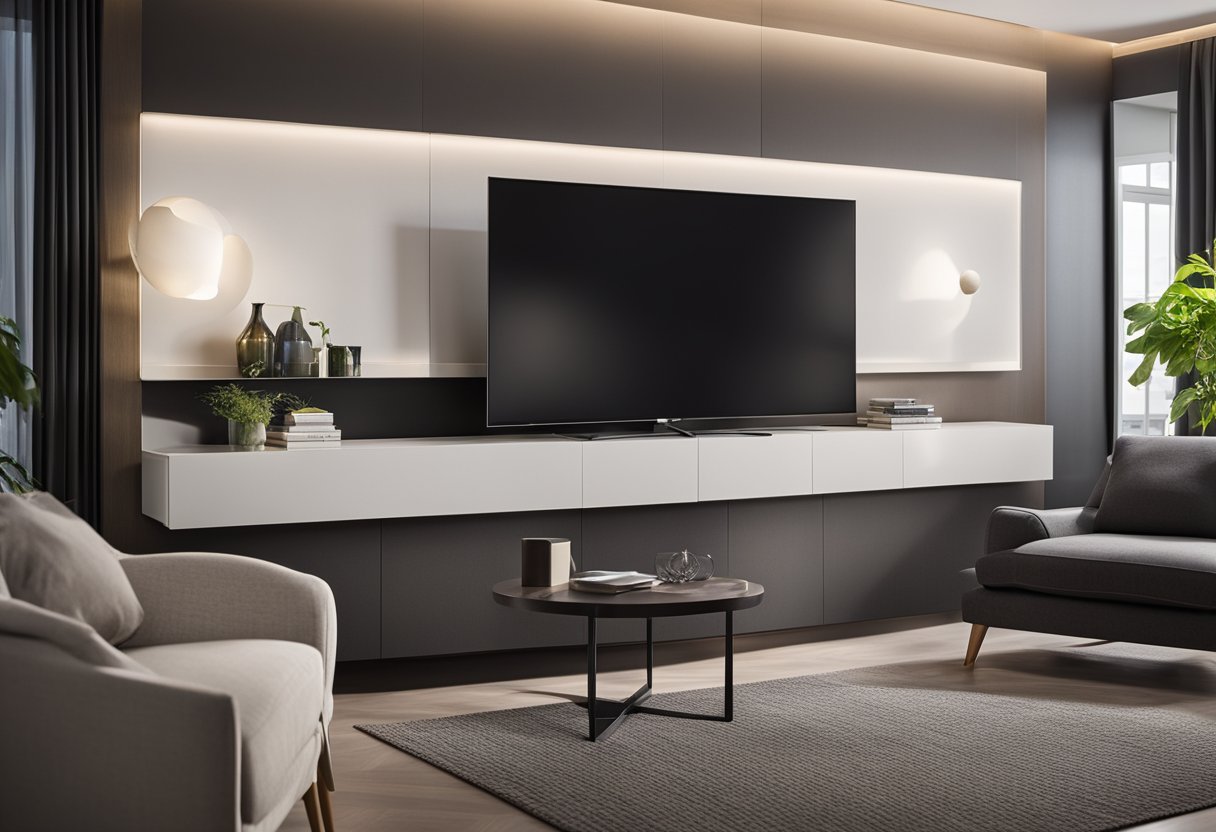A sleek, modern TV panel mounted on the bedroom wall with integrated shelves and soft LED lighting