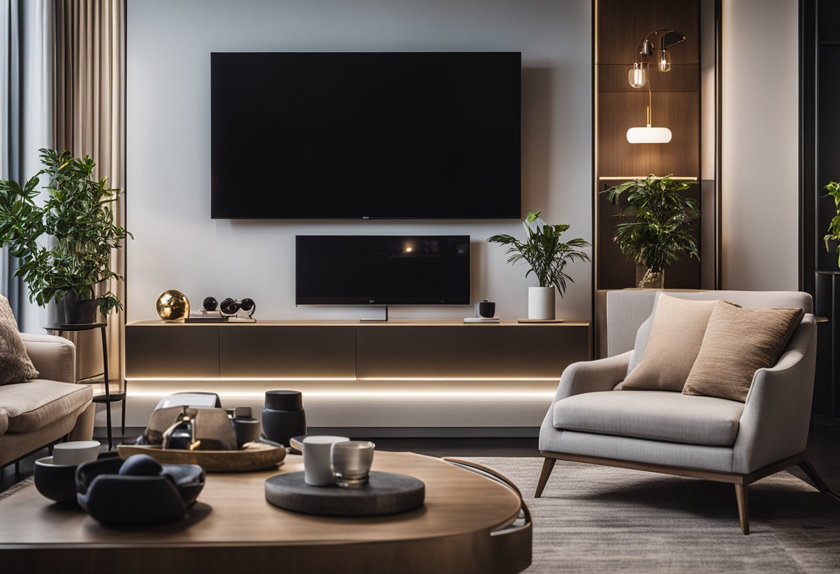 A modern living room with a sleek TV mounted on the wall, surrounded by contemporary furniture and soft lighting
