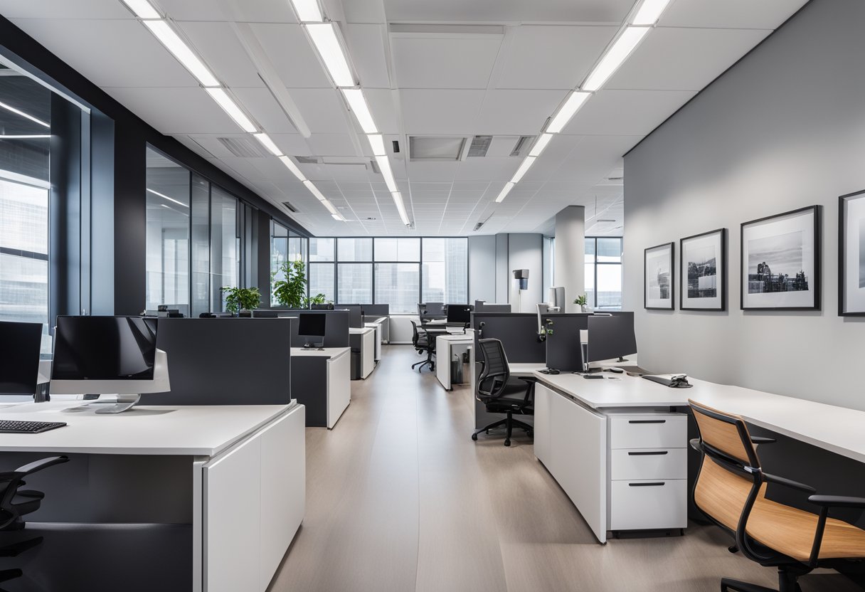 A modern office space with sleek graphic design elements, including wall murals, digital screens, and branding displays. The space is well-lit and features a clean, minimalist aesthetic
