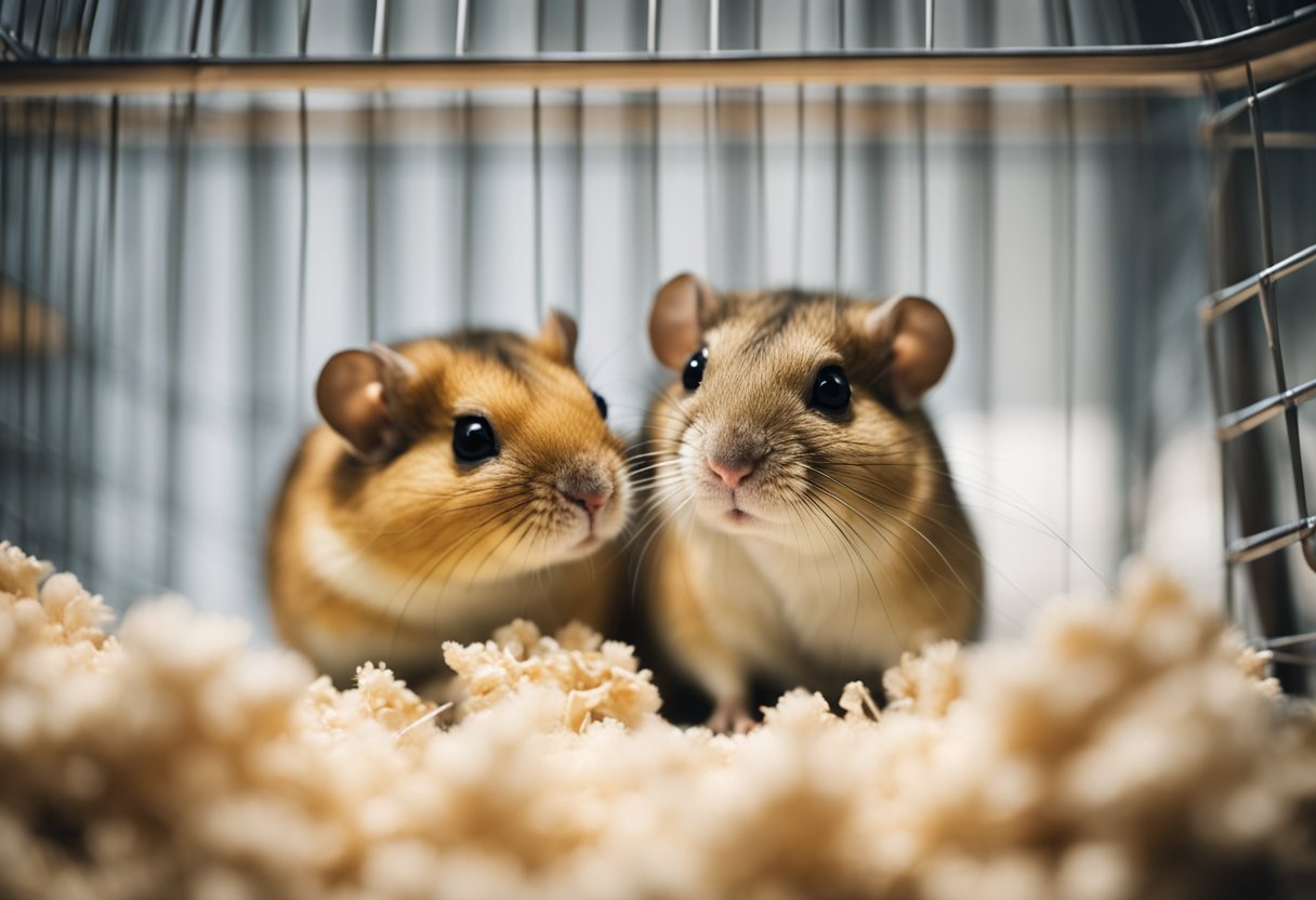 Two gerbils playfully interact in a spacious, cozy cage with plenty of bedding, a wheel, and hiding spots