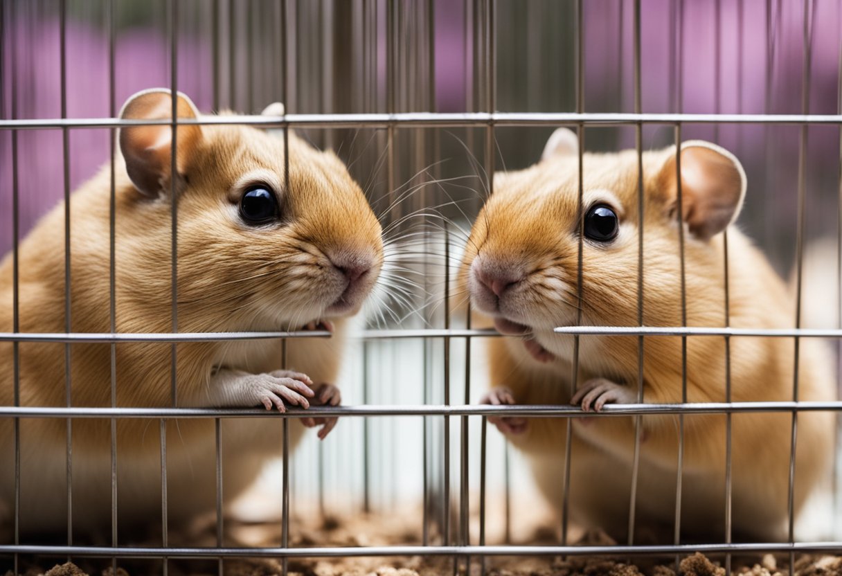 Two gerbils interact in a cozy cage, one grooming the other