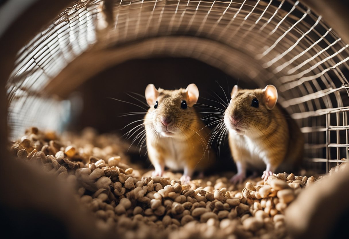 Two gerbils in a spacious cage with bedding, hiding spots, and a wheel. Food and water dispensers are available, and the environment is enriched with chew toys and tunnels