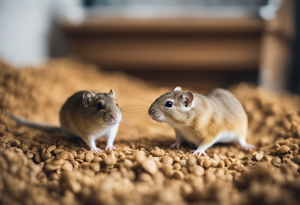 Two gerbils in a spacious, well-furnished habitat, with plenty of bedding, food, and water. They are peacefully coexisting, grooming each other and exploring their environment
