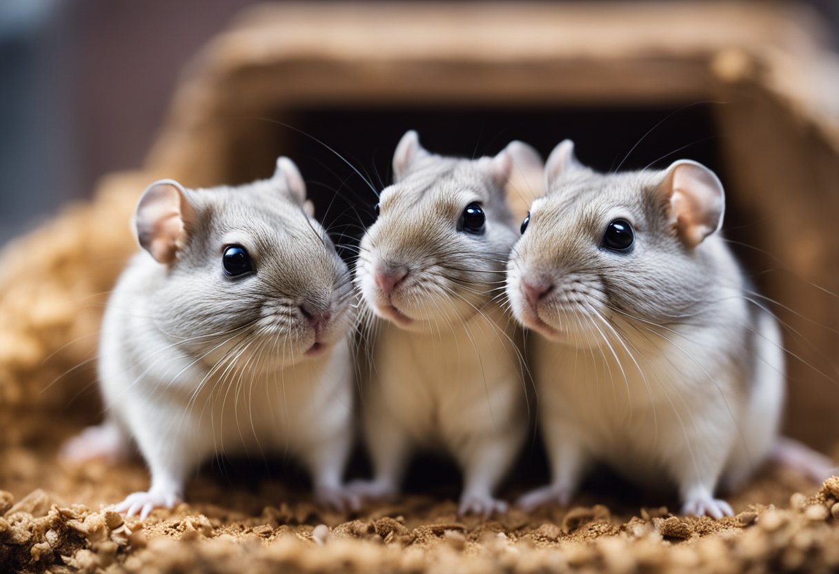 Two gerbils interact in a spacious, clutter-free cage with plenty of hiding spots and separate feeding areas. They show signs of mutual grooming and playful behavior