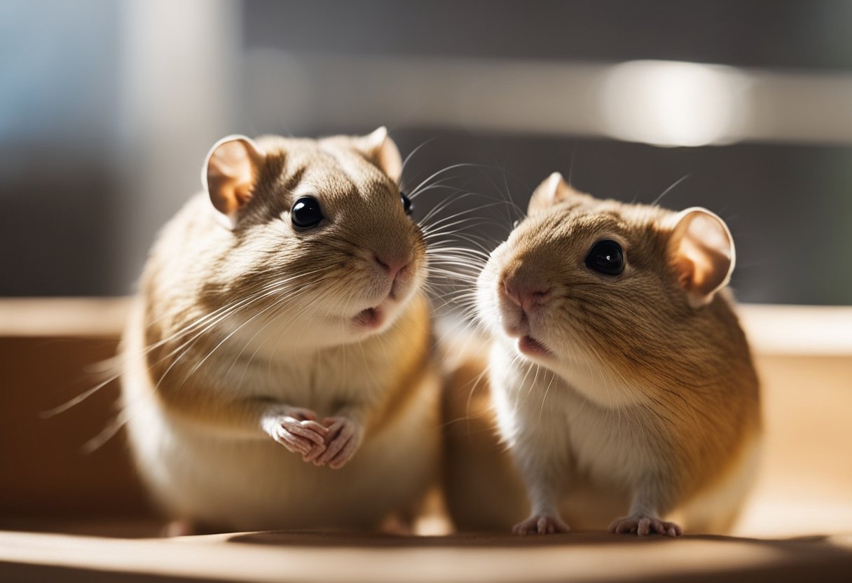 Two gerbils in a spacious cage, eating, drinking, and playing together. They appear content and comfortable in each other's company