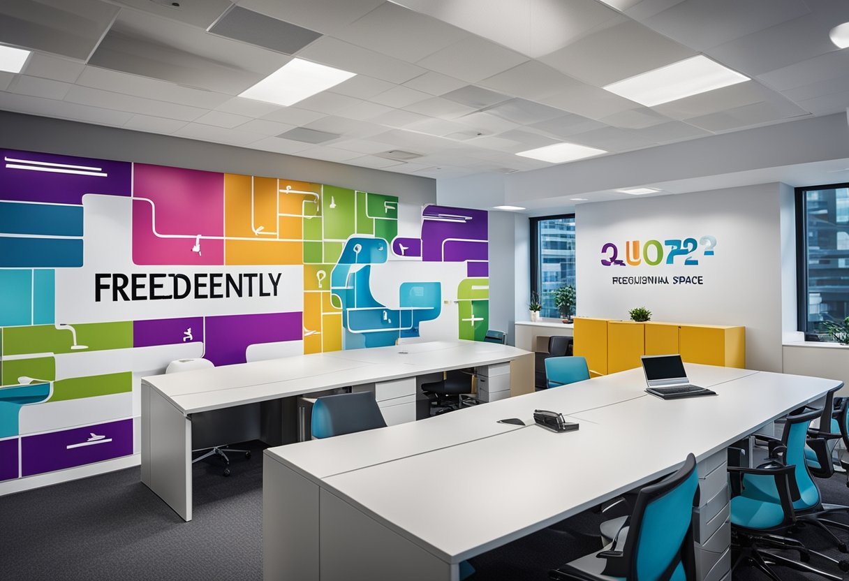 A modern, clean office space with colorful, eye-catching graphics and typography displaying "Frequently Asked Questions" in a prominent area