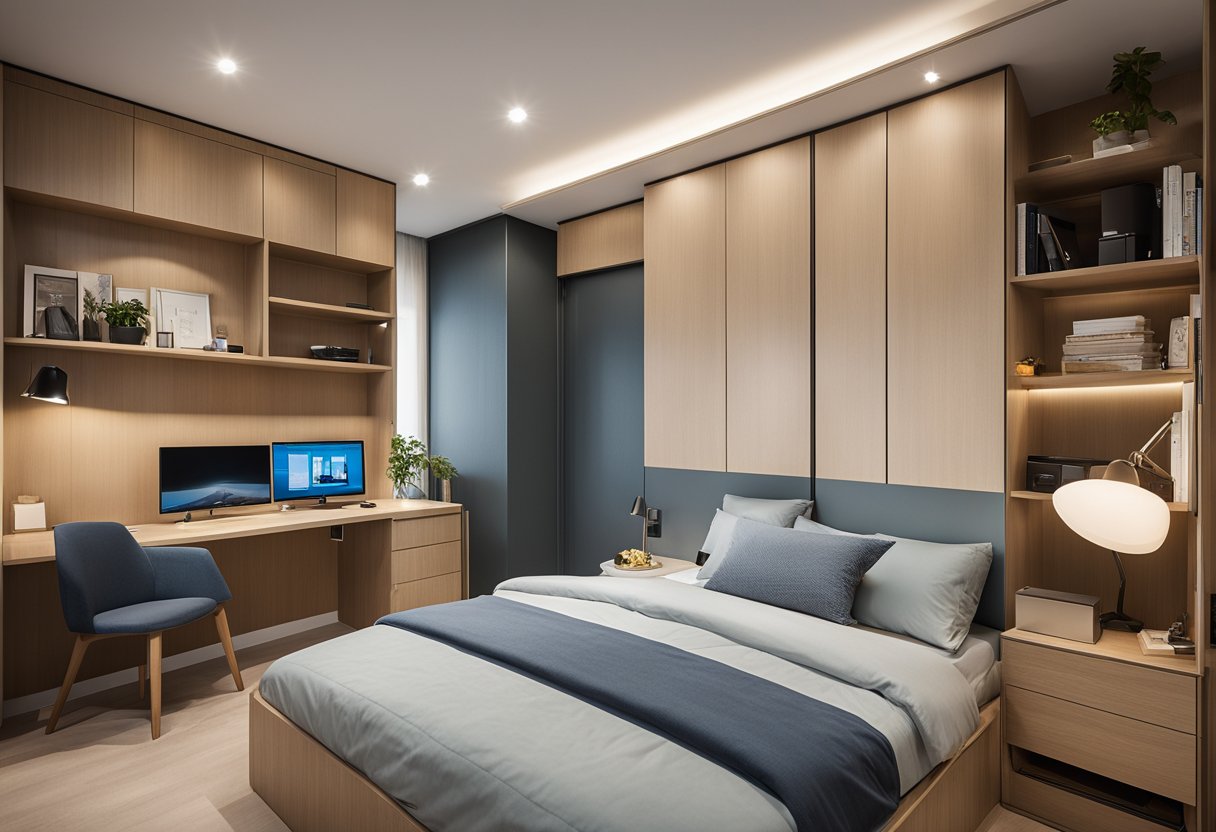 The 3-room HDB bedroom is cleverly designed with built-in storage solutions, a fold-down desk, and a wall-mounted bed to maximize space