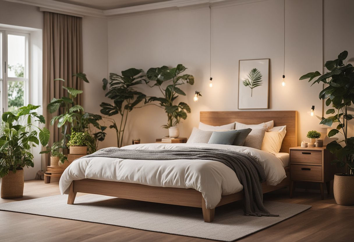 A cozy bedroom with a simple bed, wooden furniture, and soft lighting. Plants and books decorate the space, creating a warm and inviting atmosphere