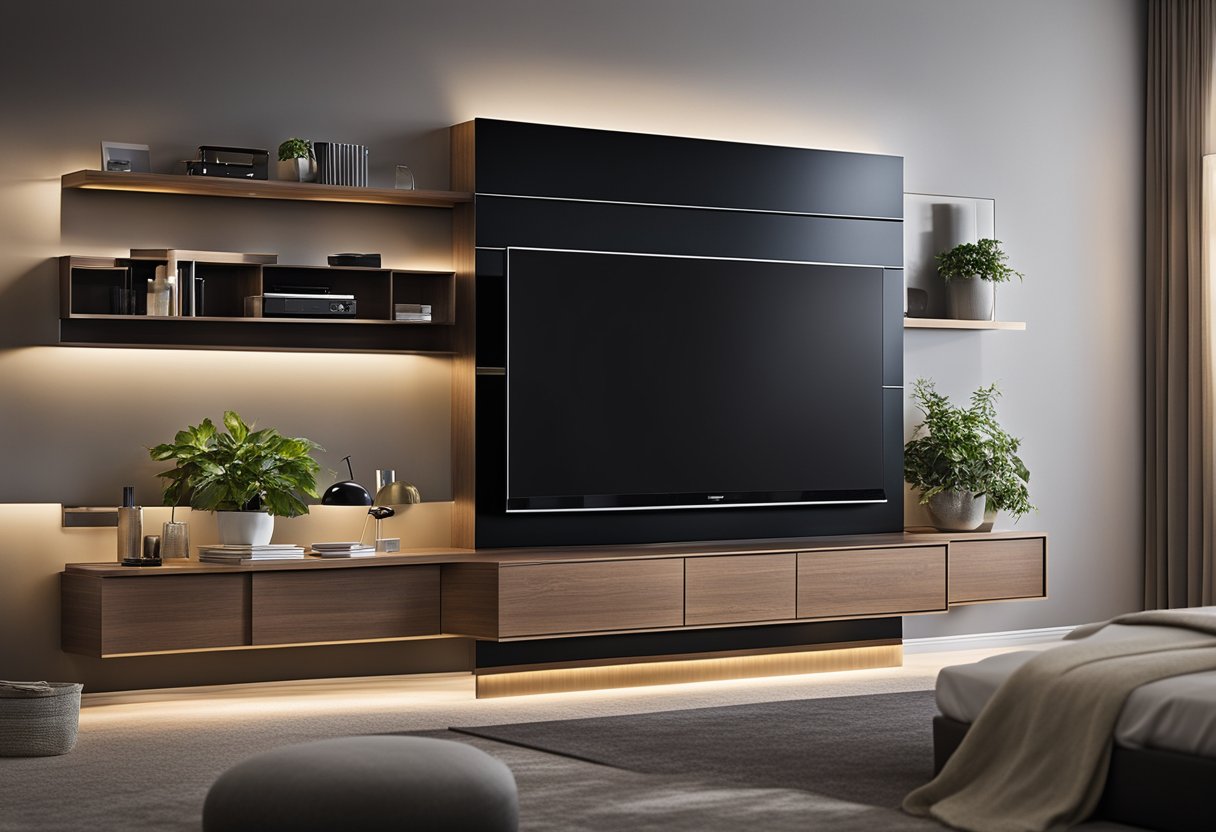 A sleek, modern TV panel is mounted on the bedroom wall, with built-in storage and display shelves for enhanced functionality