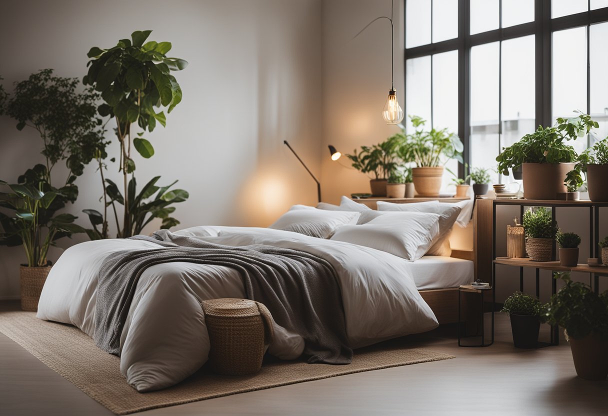 A cozy bedroom with a large, comfortable bed, soft lighting, potted plants, and a small desk with a computer