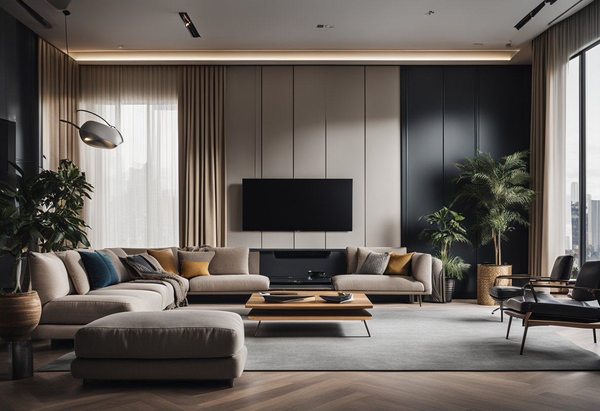 A modern living room with a sleek TV mounted on the wall, surrounded by comfortable seating and stylish decor