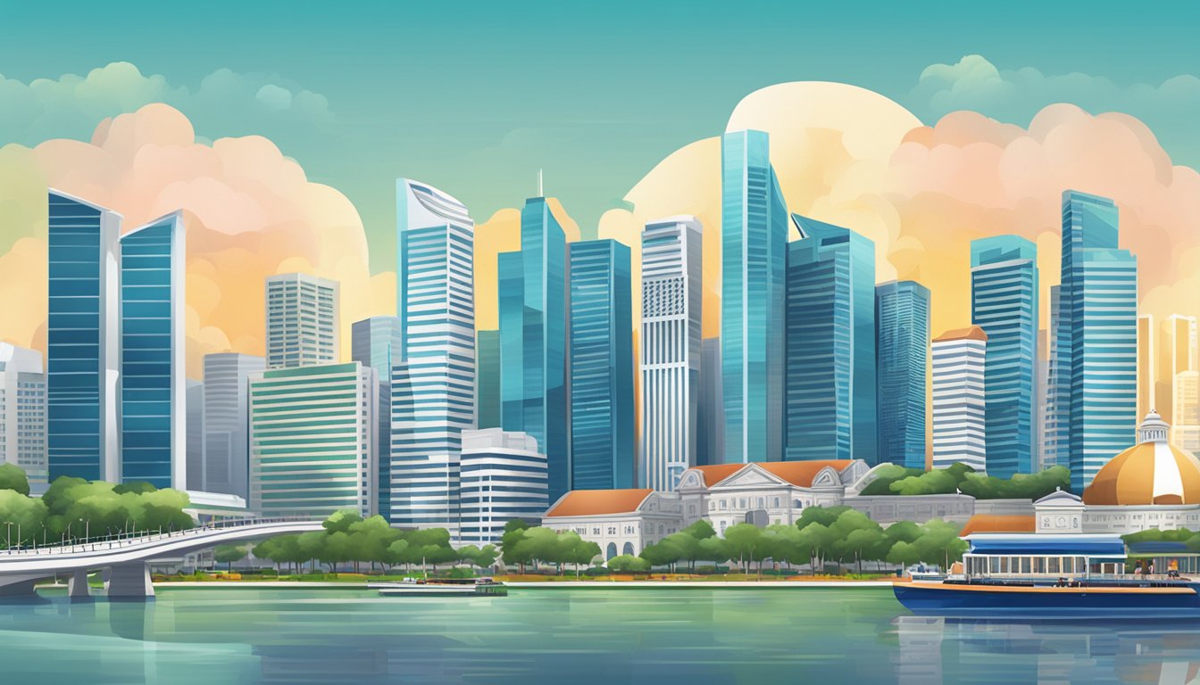 A bustling cityscape of Singapore with iconic financial district skyline and stock exchange building