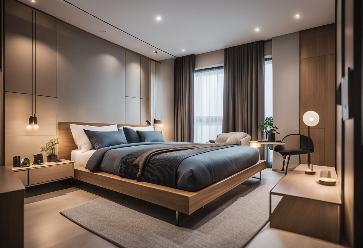 A cozy HDB bedroom with a modern design, featuring a sleek platform bed, minimalist nightstands, and a stylish accent wall with a decorative mirror