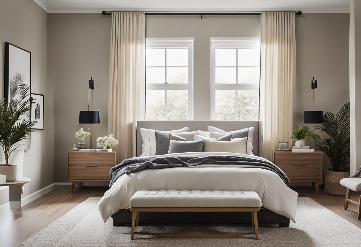 A cozy master bedroom with neutral tones, a mix of textures, and budget-friendly furniture. A large, plush bed with layered bedding, a stylish area rug, and minimalistic decor create a serene and inviting space