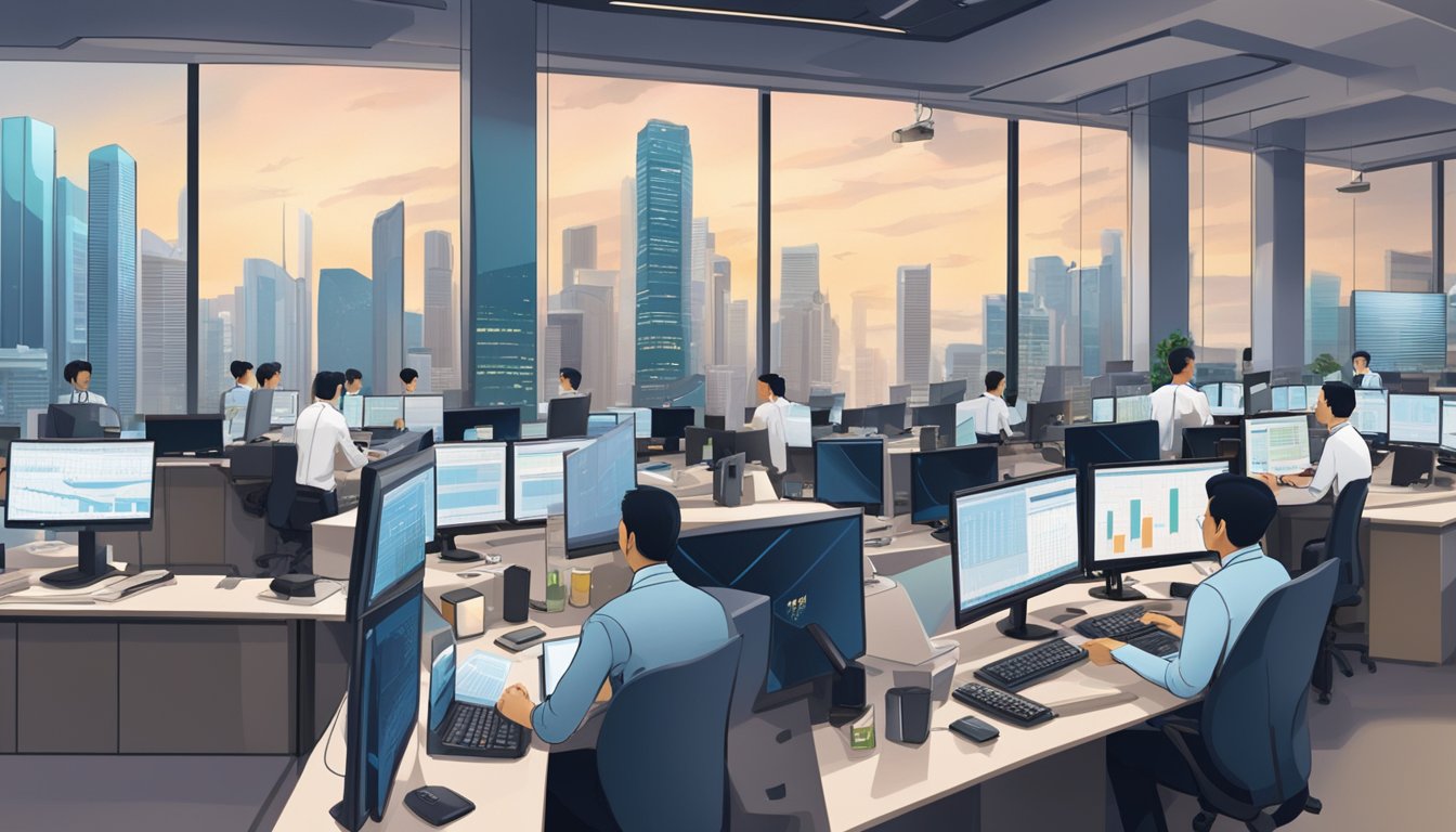 A bustling Singapore stock exchange with traders at their desks, charts on screens, and a backdrop of the city skyline