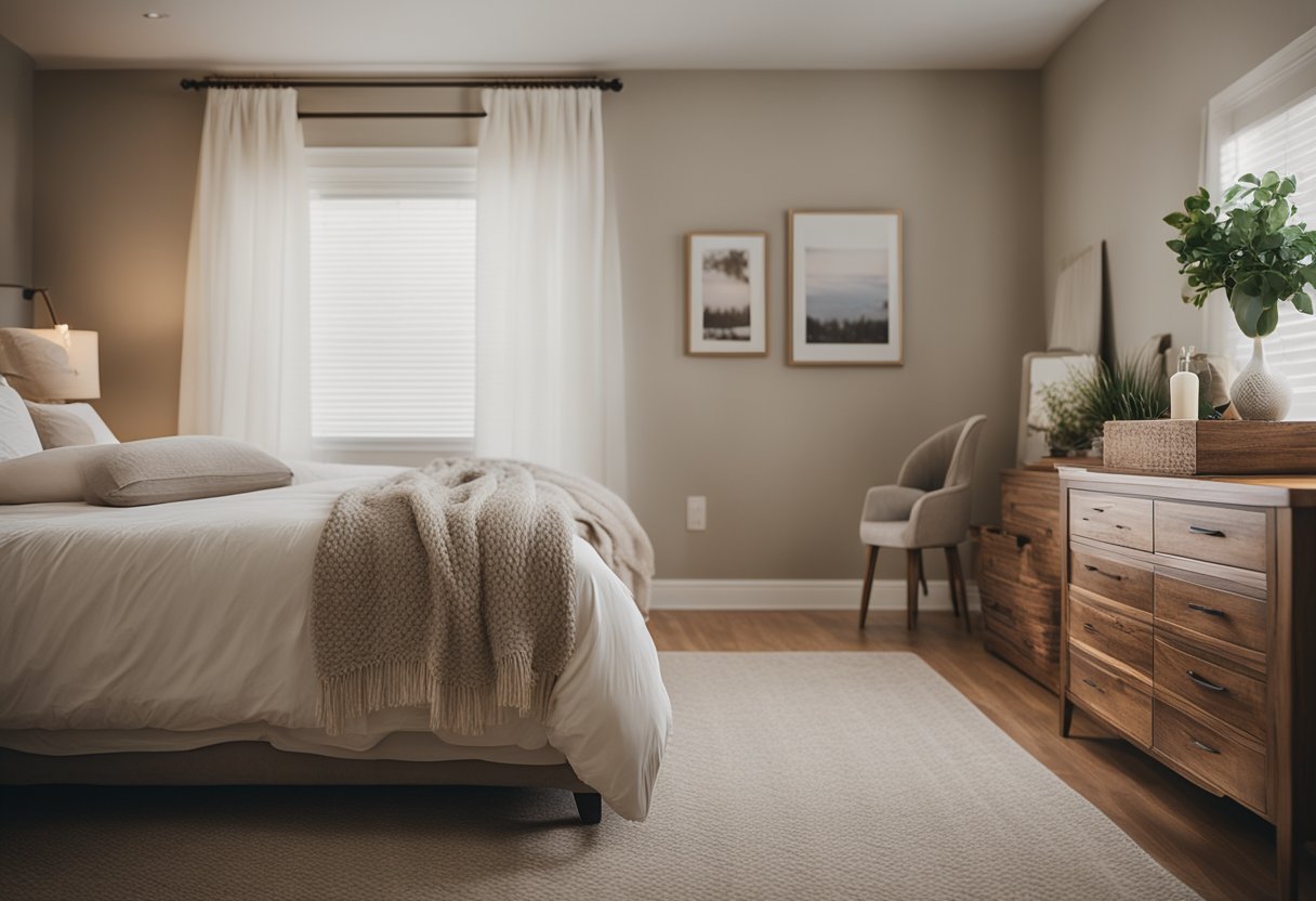 A cozy master bedroom with DIY decor, thrifted furniture, and repurposed materials. Soft lighting and neutral tones create a relaxing atmosphere