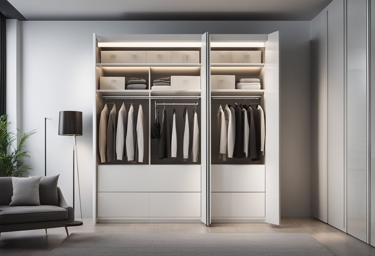A sleek, white wardrobe with mirrored doors stands against a wall. The interior is neatly organized with shelves and drawers. LED lights illuminate the space
