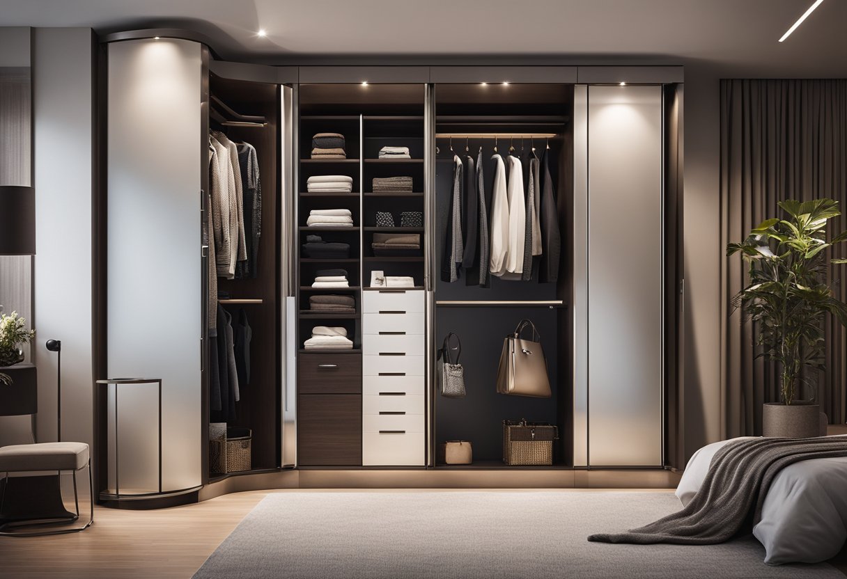 The master bedroom wardrobe features sleek, modern design with ample storage space, built-in lighting, and mirrored doors