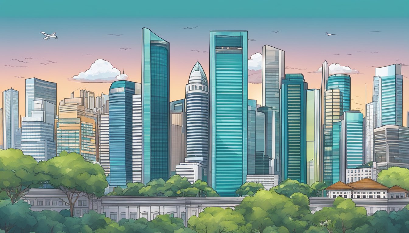 A bustling Singapore cityscape with iconic landmarks, stock exchange building, and financial district skyscrapers