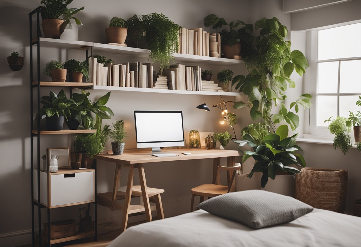 A cozy bedroom with a neatly made bed, a small desk with a computer, and shelves filled with books and personal items. A potted plant adds a touch of greenery to the space