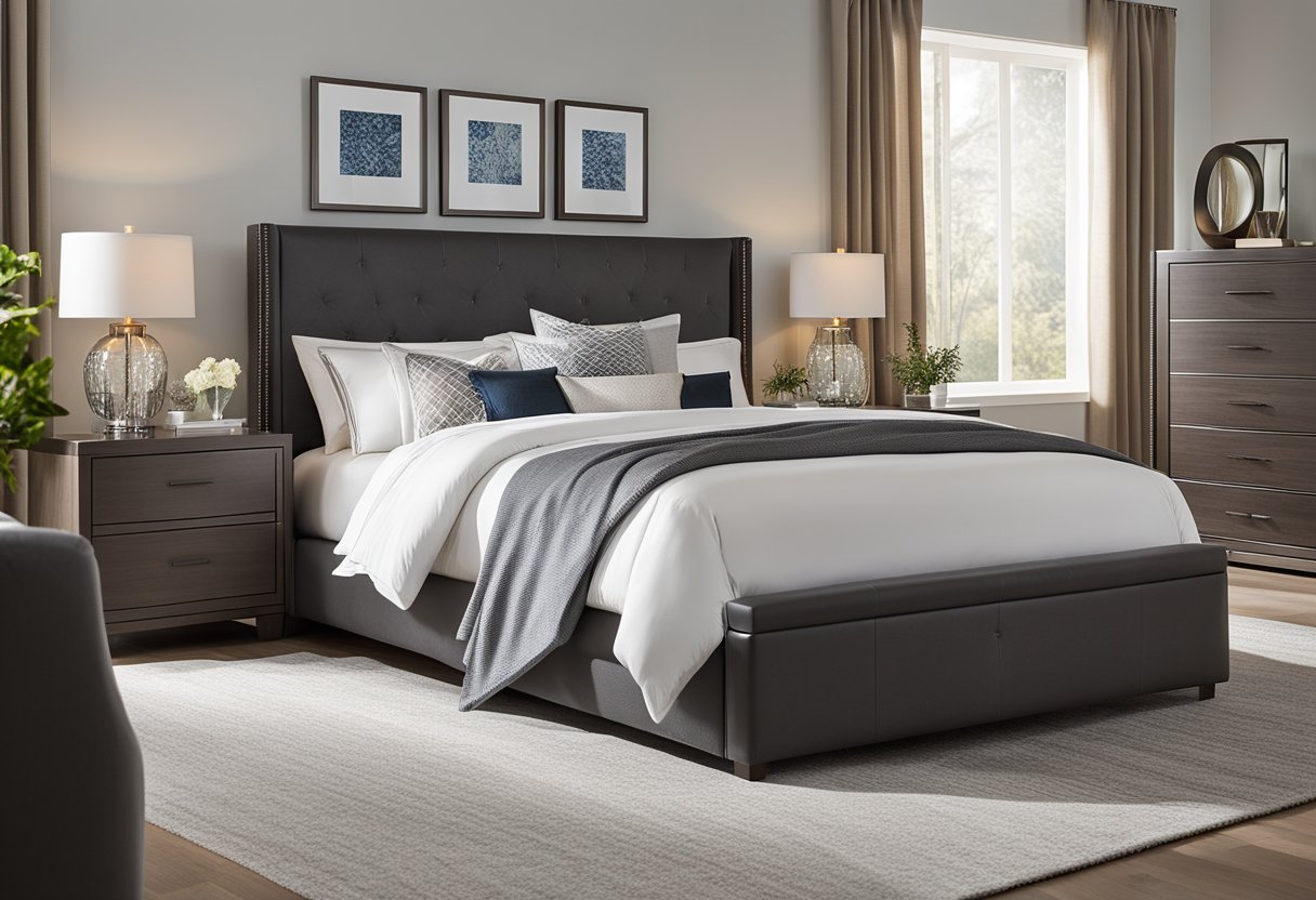 The master bedroom features a sleek, modern furniture design with a large upholstered bed, matching nightstands, and a contemporary dresser with a mirror
